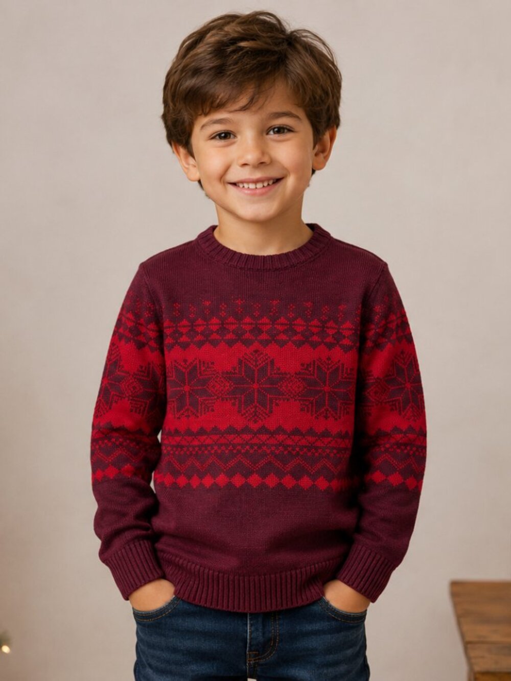 Sonoma boys S Fair Isle Knit Sweater Red/Burgundy Cotton Blend Crew Neck